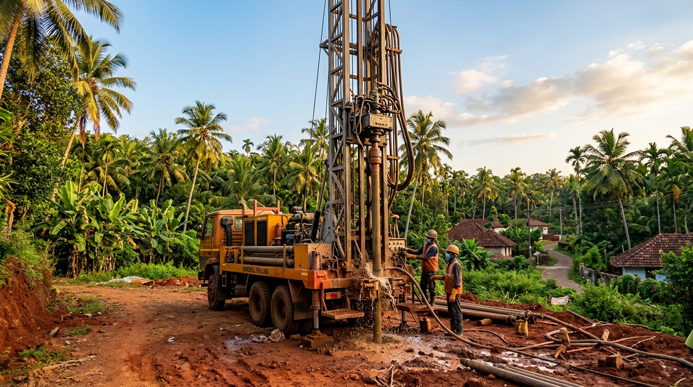 Borewell drilling rig operating in Kerala landscape